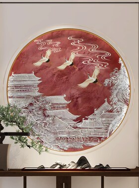 新中式圆形装饰画餐厅走廊过道玄关3dE立体浮雕客厅壁画画芯壁纸8