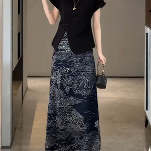 t恤女高腰休闲印花显瘦半身裙 盘扣设计感开叉短袖 新中式 国风套装