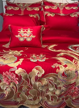 中式龙凤刺绣100支全棉床盖四件套红色I被套结婚床单纯棉床上用品