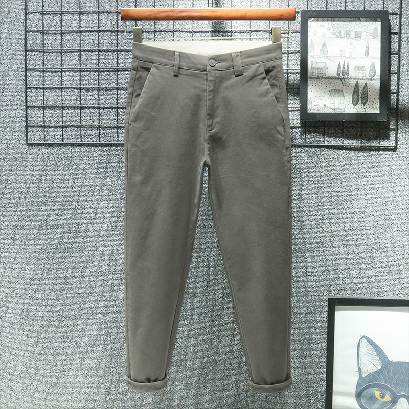 纯棉新款九分休闲裤男士修身直筒秋季高端秋冬季加绒加厚棕色裤子