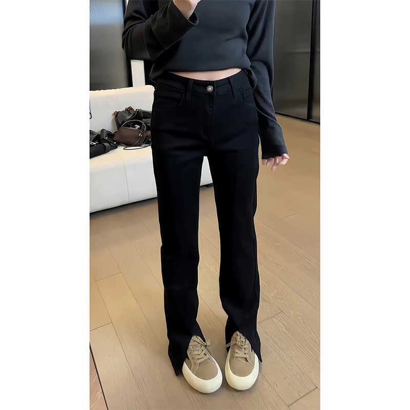 黑色微喇牛仔裤女秋季新款大码胖mm高腰弹力显瘦R梨形身材喇叭裤