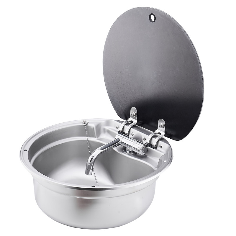 房车翻盖304不锈钢水槽厨房带盖洗手盆洗菜圆形单槽可旋转折叠式
