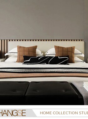 尚塞布艺现代奢华橙色咖色床品软装长条枕刺绣展厅酒店样板间床上