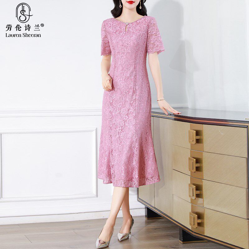 喜婆婆喜妈妈装高级婚宴礼服女2025新款粉色圆领蕾丝鱼尾长裙夏季