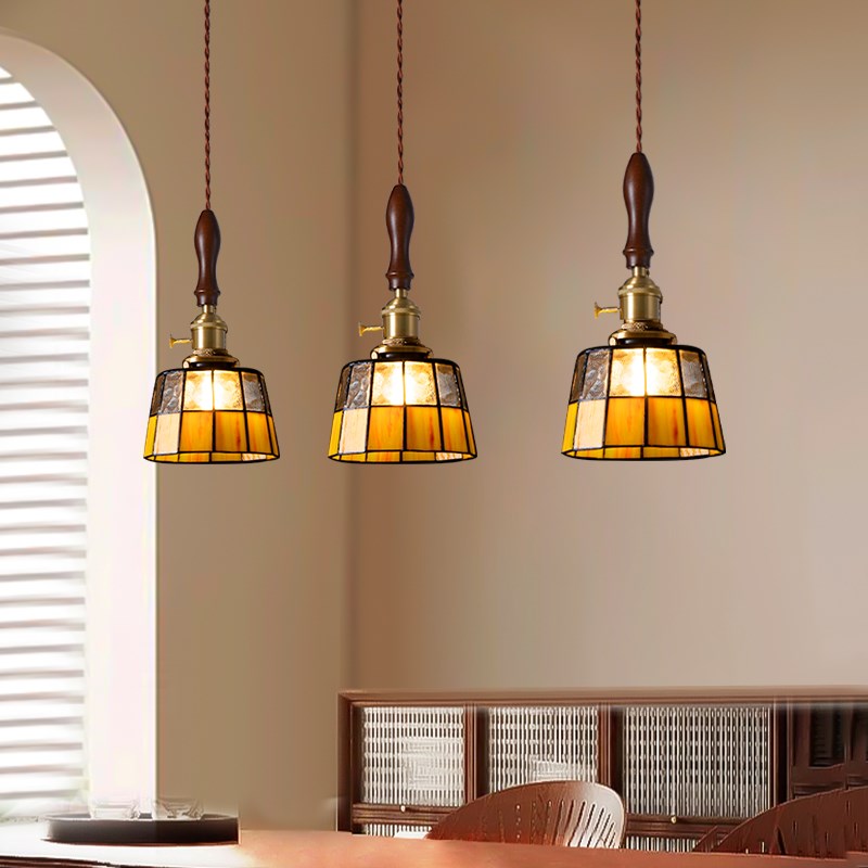美式复古吊灯餐厅灯吧台黄铜玻璃胡桃木色法式床头入户玄关过道灯