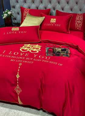 高档大红色婚庆全棉四件套r160支纯棉被套100长绒棉被罩结婚床单