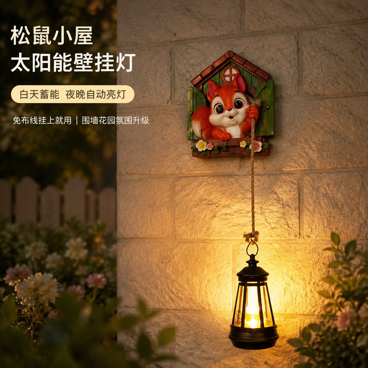 太阳能防水松鼠屋花园壁挂灯图片