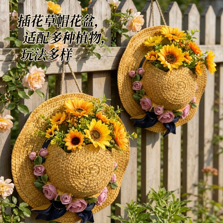 可爱草帽造型壁挂花盆 户外花园庭院装饰摆件