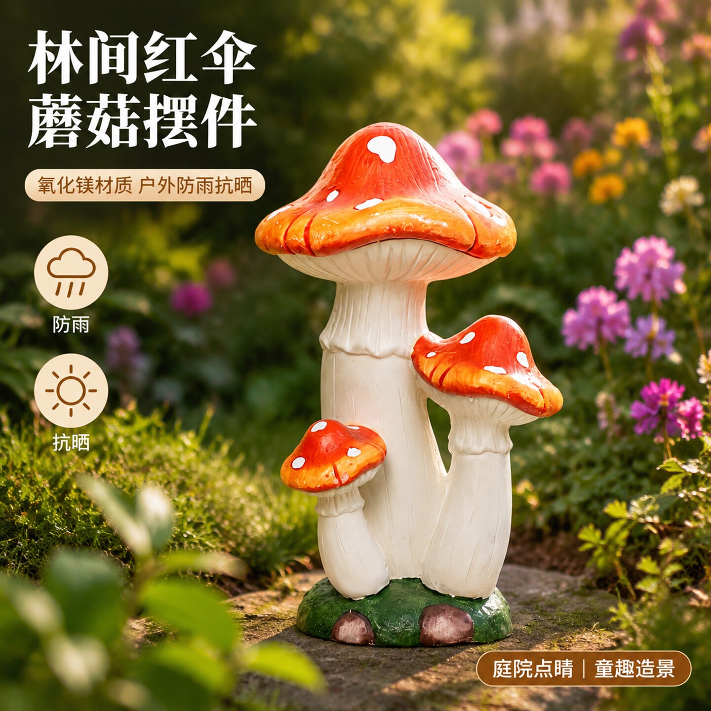优伲嘉庭院门旁三朵蘑菇摆件图片
