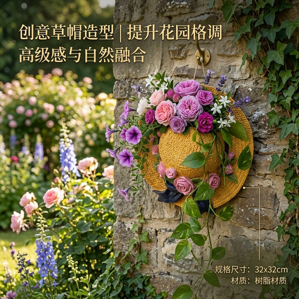 高级感花盆树脂材质草帽造型花盆 花园庭院阳台创意装饰墙面花盆
