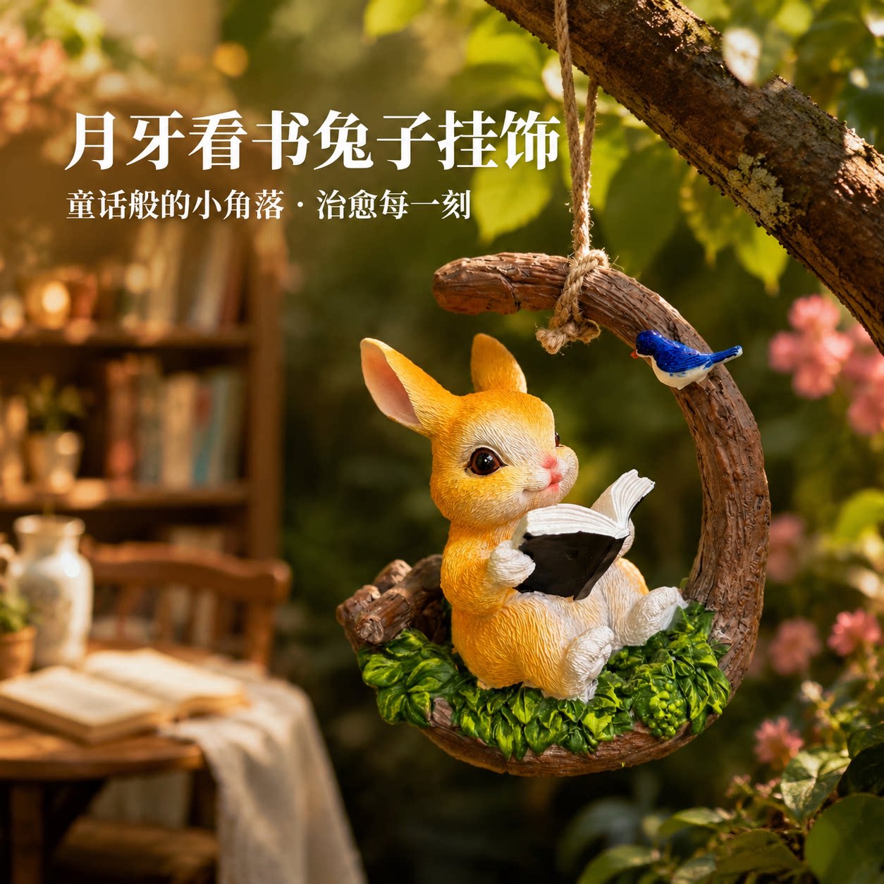 【租房神器】户外摆件可爱月牙看书兔子挂件庭院阳台花园居家客厅户外装饰摆件
