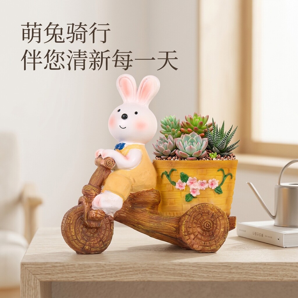 创意兔子骑车多肉花盆迷你可爱树脂盆栽桌面窗台办公桌装饰绿植盆