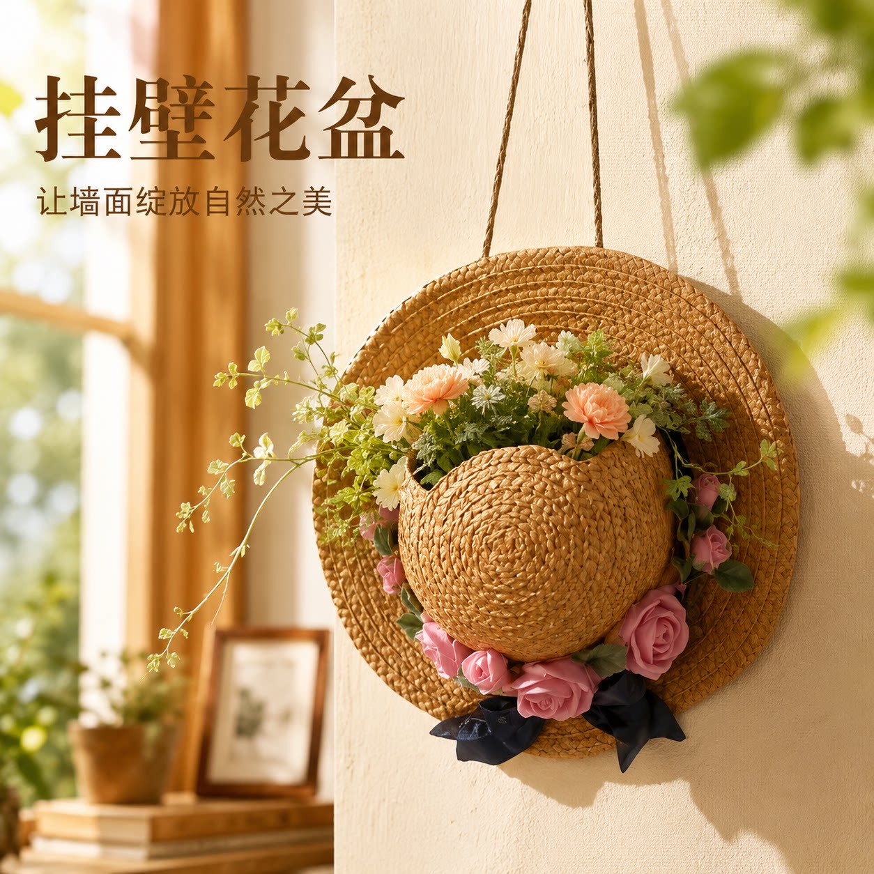 户外庭院摆件草帽造型挂壁花盆阳台庭院花园度假风墙面装饰摆件
