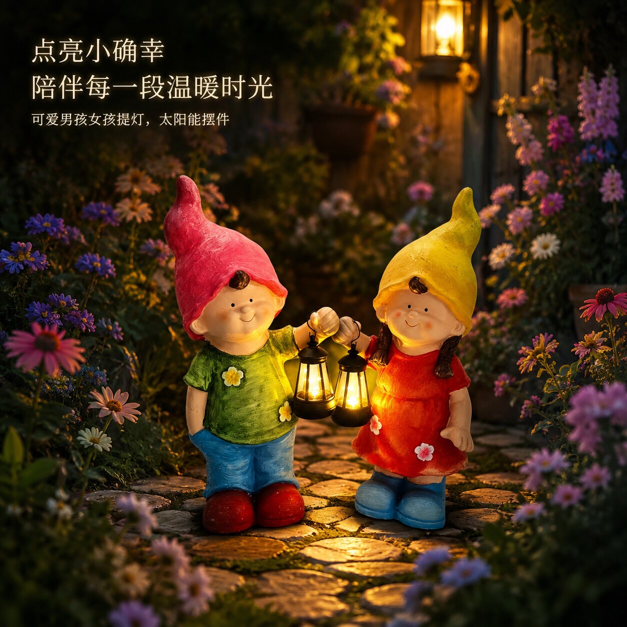 太阳能提灯男孩女孩庭院摆件