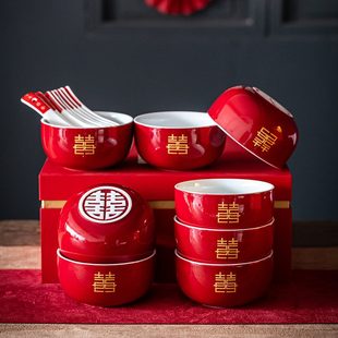庆新用品结婚碗面碗高档陪嫁甜喜碗对礼物汤碗 人勺喜红色餐具套装