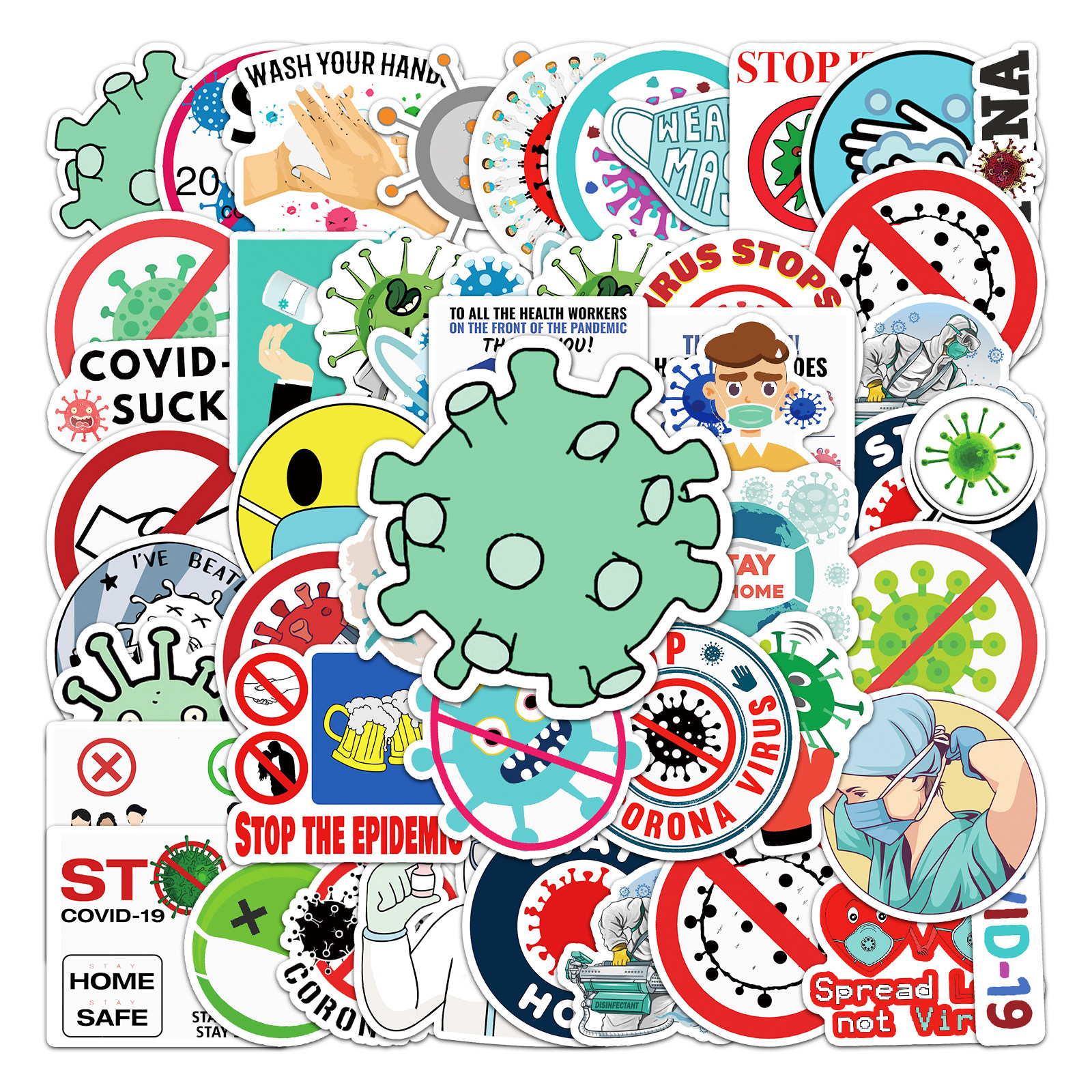 50张疫情防控病毒卡通贴纸装饰小图案旅行箱相册厨房冰箱防水贴画