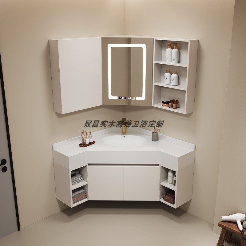 7L8K岩板无缝拼接三角浴室柜组合实木橡木切角转角异型洗脸洗漱台