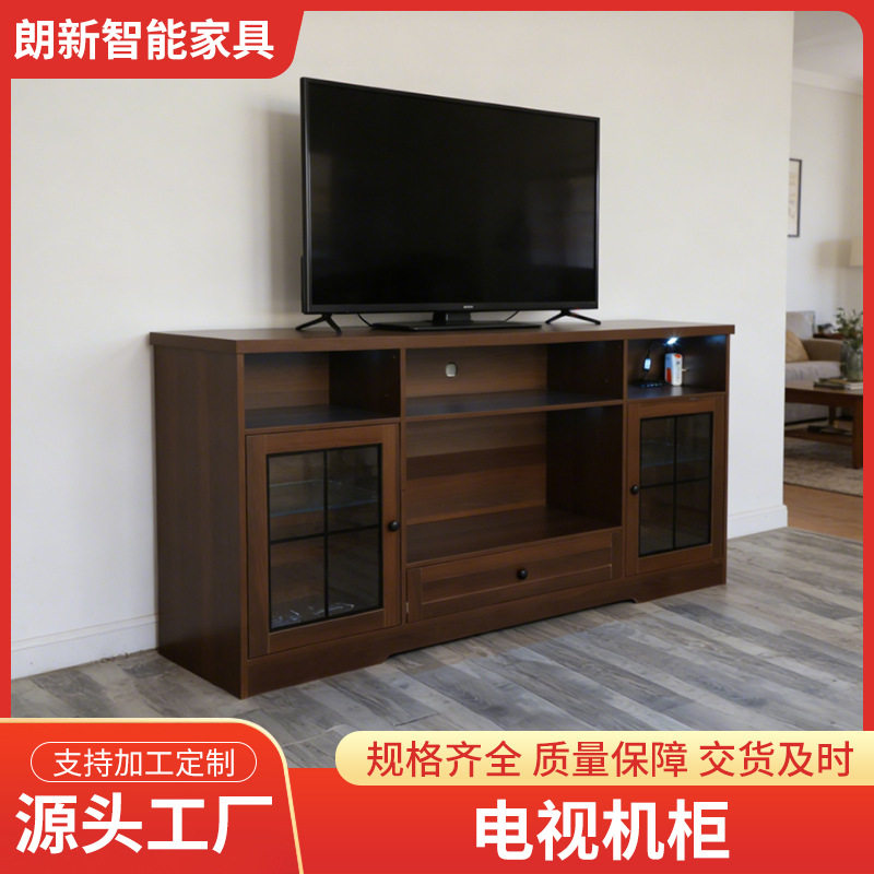 深棕色组合式电视机柜带玻璃门与蓝色氛围灯 客厅收纳家具