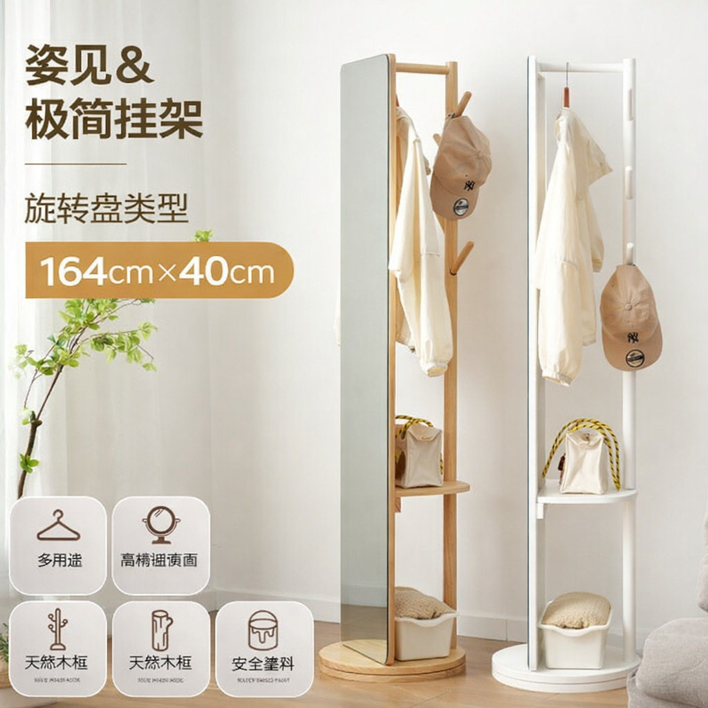 实木旋转穿衣镜带挂衣架可移动可旋转落地镜家用带收纳试衣镜定制