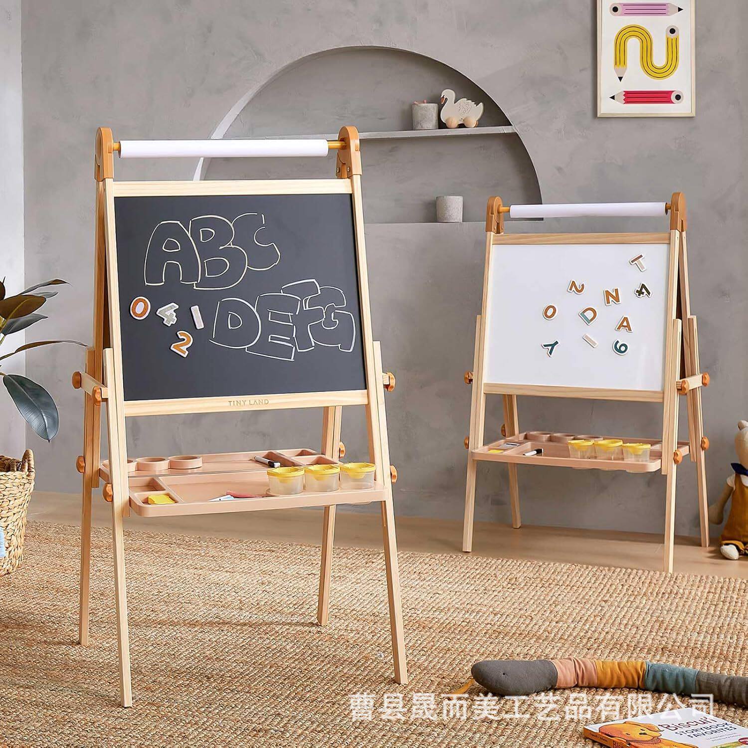 跨境儿童木制画架画板儿童画板双面绘画可调节涂鸦画架黑板升降架