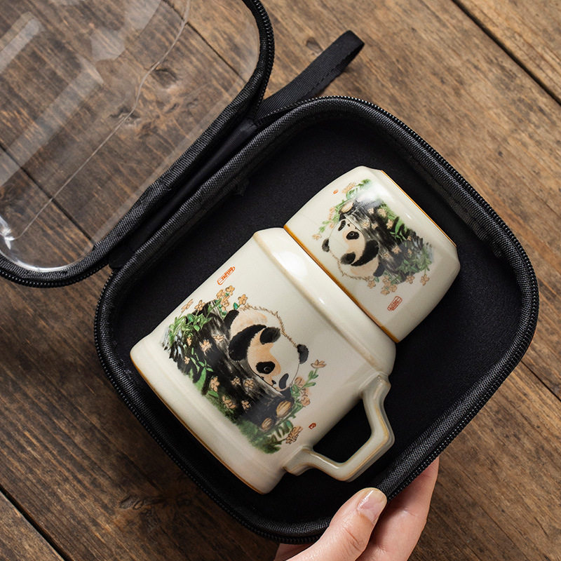 陶瓷汝窑熊猫小暖壶旅行茶具快客杯户外便捷式茶壶一壶一杯丁制