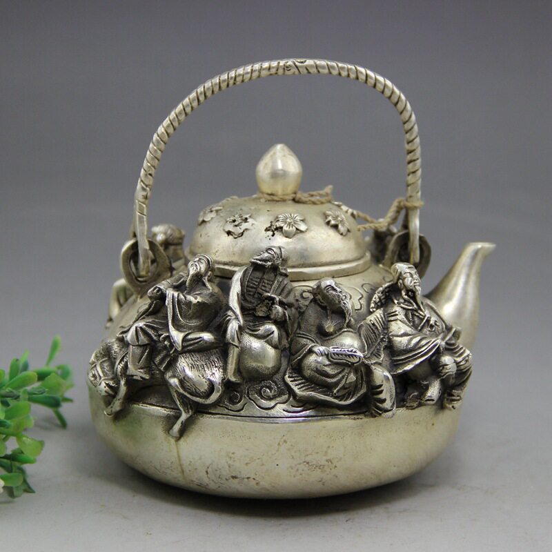 复古白铜铜制手提酒壶茶壶古玩铜器工艺品家居摆件大明宣德年造
