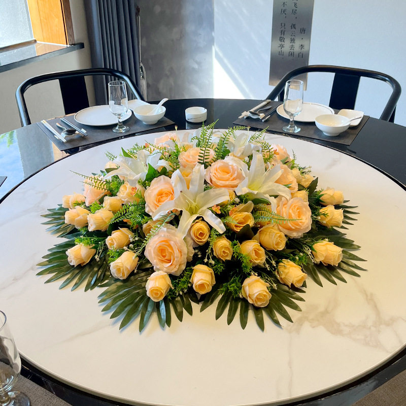 酒店餐桌花摆花花假花摆设大圆桌中间摆件餐厅包厢转盘装饰花
