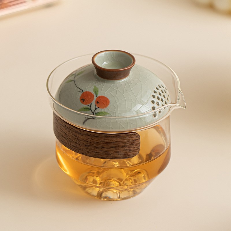 哥窑手绘手抓壶轻奢高档玻璃盖碗茶杯家用茶壶泡茶不烫手泡茶单壶