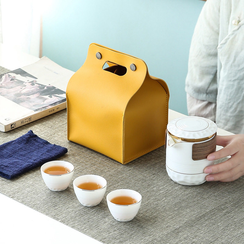 轻奢羊脂玉白瓷快客杯一壶三杯泡茶壶便携包旅行茶具套装办公家用
