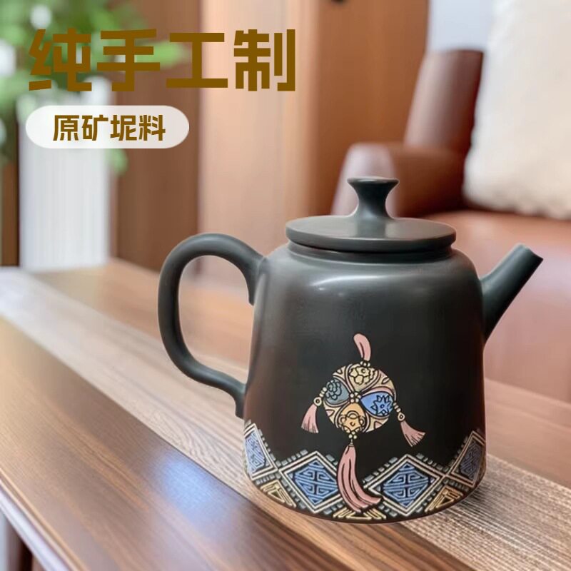 钦州坭兴陶茶壶纯手工原矿坭料大口深桶金壶古铜色功夫大容量茶具