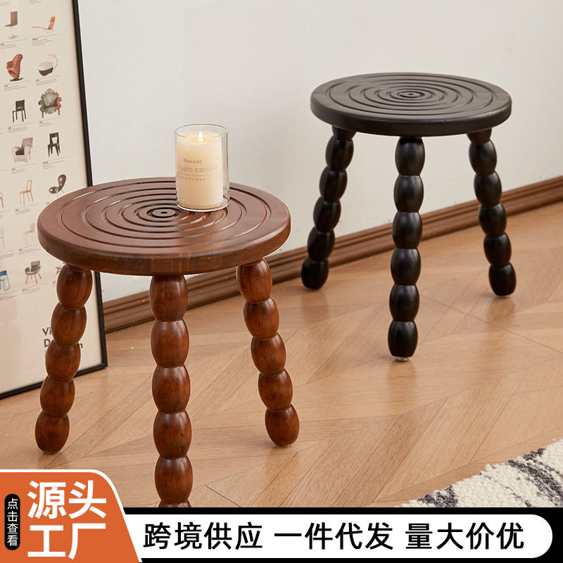 法式中古高凳现代简约家用客厅复古实木圆凳小户型饭桌高脚凳子