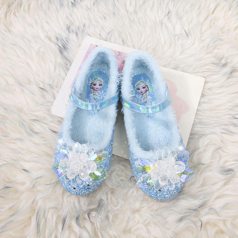 冰雪奇缘艾莎公主鞋女加绒冬款水晶鞋中小童elsa时尚卡通毛毛鞋子