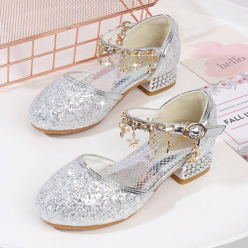 儿童水晶高跟鞋小女孩公主鞋洋气包头学生走秀钢琴表演出女童皮鞋