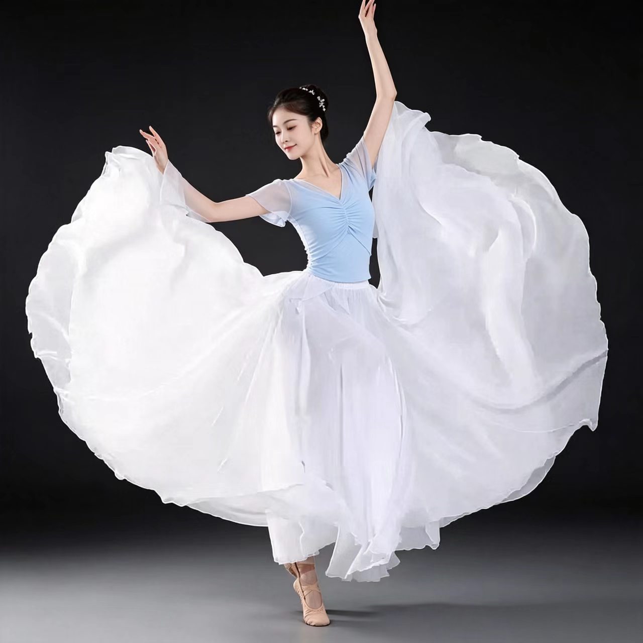 梦底舞蹈服装超仙720度白色大摆裙两件套在兼霞水在一方演出服女