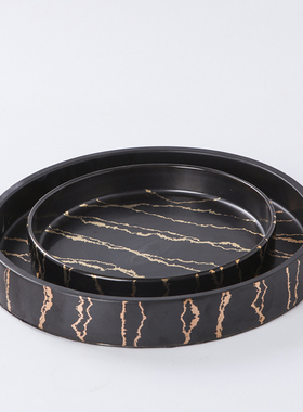 轻奢新中式陶瓷黑色金线水果盘圆形托盘摆件样板间V餐厅茶几装饰