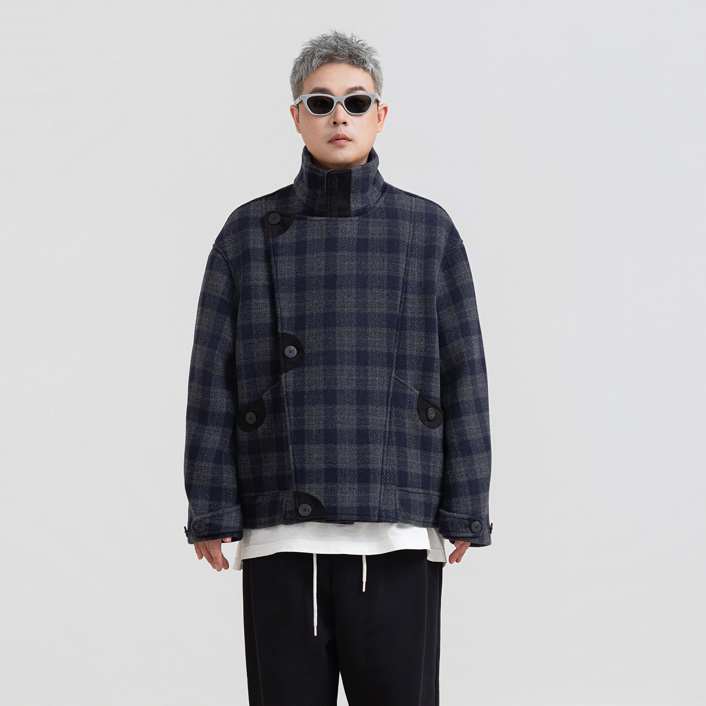 HalfwayHouse2025年冬季新款阔版拼接撞色格纹大衣立领毛呢外套,男装,毛呢大衣,淘宝优惠券,粉丝福利购,淘宝优惠卷