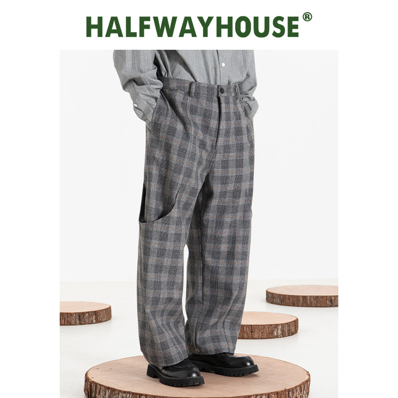 HalfwayHouse2025春新款日系小众开褶宽松百搭格子通勤休闲长裤男,男装,休闲裤,淘宝优惠券,粉丝福利购,淘宝优惠卷