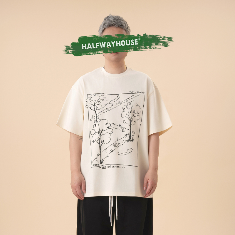 【重磅纯棉260g】HalfwayHouse2025年夏季新款印花短袖趣味T恤男