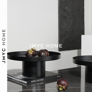 意式轻奢黑色金属高脚果盘收纳托盘售楼处客厅茶几柜餐厅托盆摆件