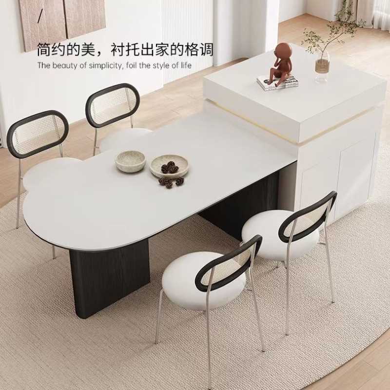 实木半岛台餐桌一体家用小户型现代简约实木椭圆形高端岩板吃饭桌