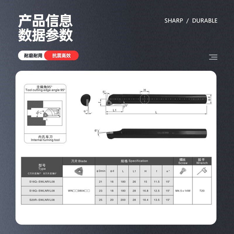 95度螺钉式内孔刀杆S16Q/St18Q/S20R-SWLNR08 双W面桃形刀杆正刀