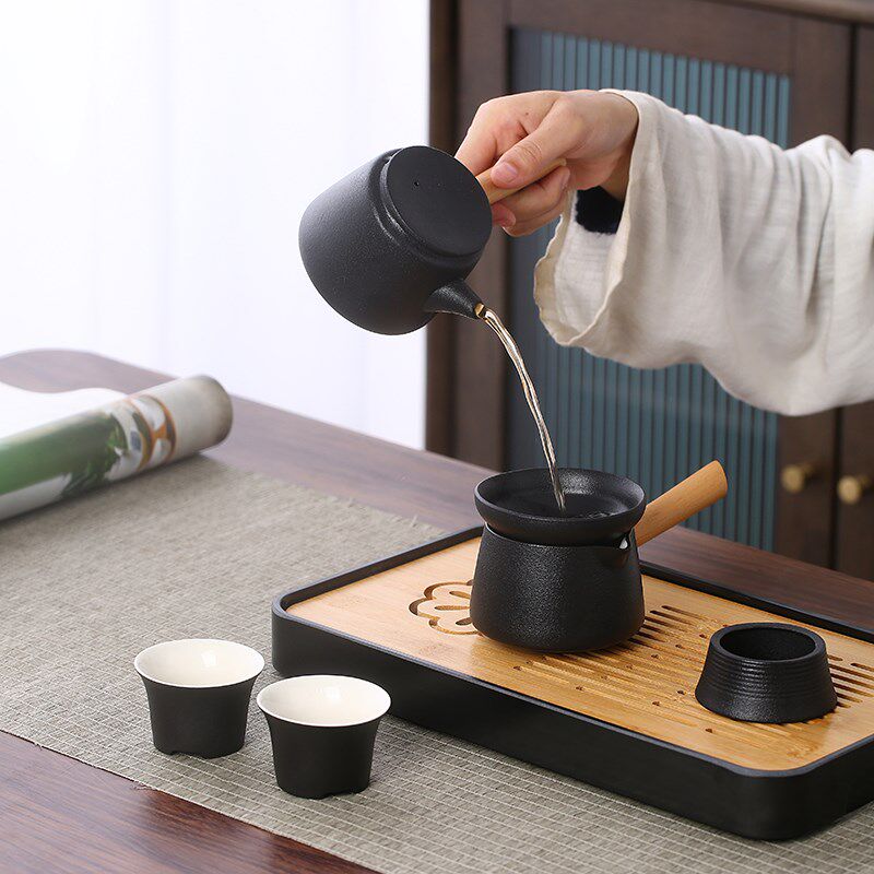 粗陶便携式茶具旅行套装户外露营多人喝茶装备Q黑陶侧把壶茶杯泡