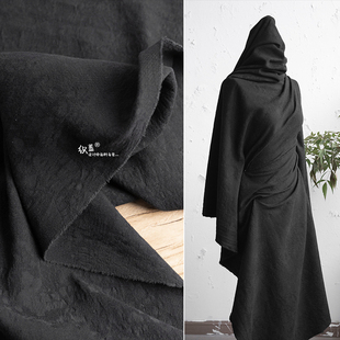 伤痕棉麻暗花提花布料黑色水洗廓形肌理西装连衣裙服装设计师面料