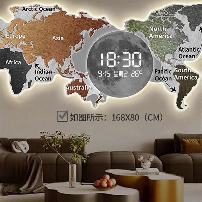 世界地图客厅钟表挂钟高级感LED电子时钟办公室S沙发背景墙装饰画