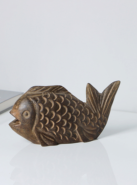 天然石雕石头鱼摆件新中式样板房客厅G玄关书房博古架家居软装饰