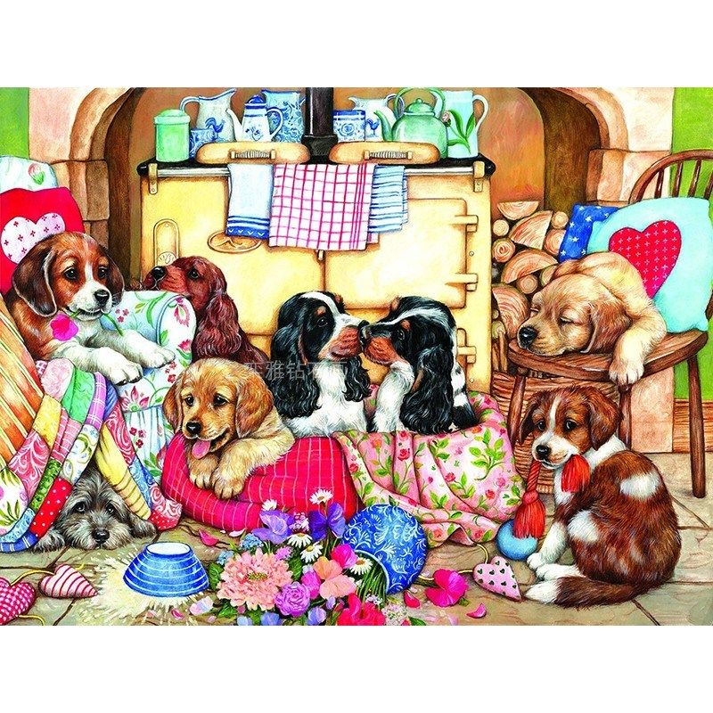 DIY方钻满钻钻石画十字绣温馨房间里调皮的狗狗们Y钻石绣砖石画,居家布艺,钻石绣,淘宝优惠券,粉丝福利购,淘宝优惠卷