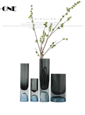 rzone 现代简约海蓝色高底加厚直筒玻璃花瓶干花水V培花器装饰摆