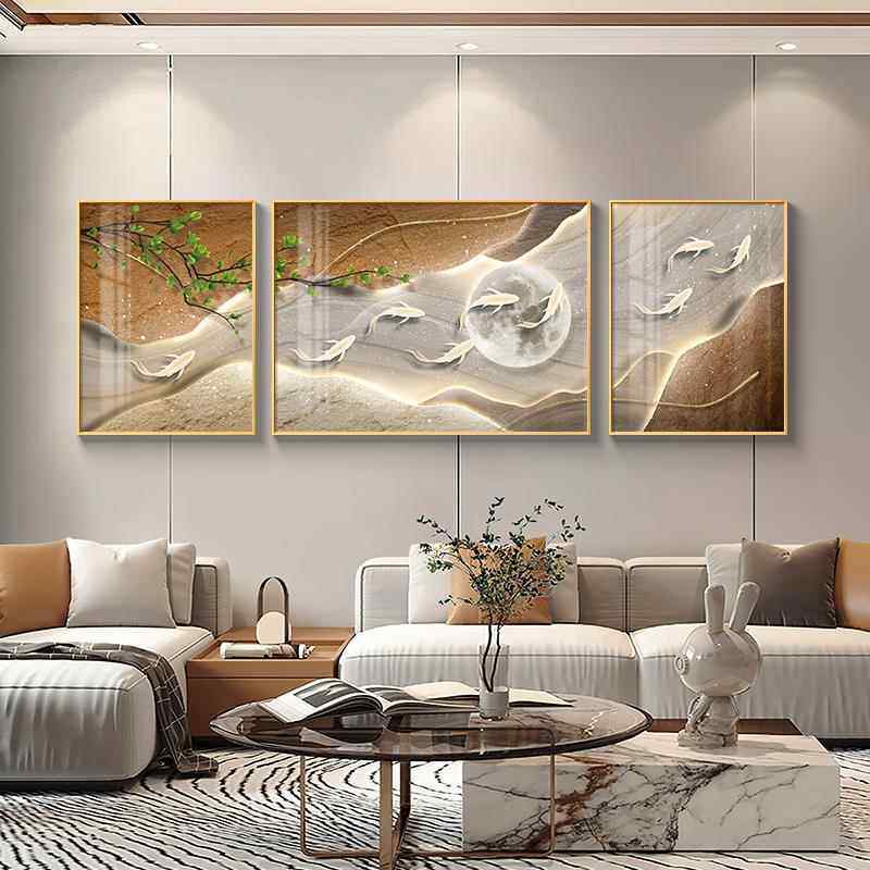 九鱼图客厅装饰画现代轻奢沙发背景墙挂画M简约大气高级感三联壁,家居饰品,现代装饰画,淘宝优惠券,粉丝福利购,淘宝优惠卷