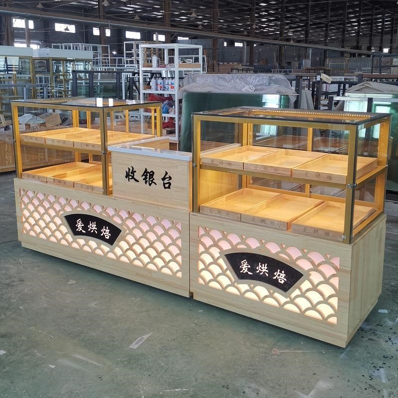 新款现货糕点柜桃酥柜面包柜边柜后开门实L木弧形展示柜转角玻璃