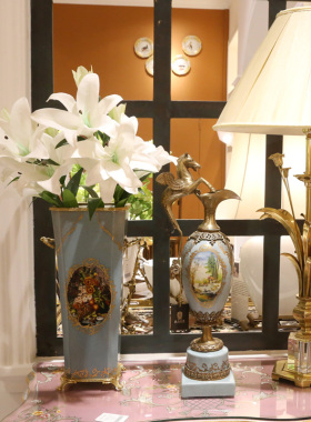 茱莉安法式宫廷陶瓷艺术彩绘x居家奖杯盖坛摆件复古客厅全铜花瓶